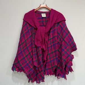 Boyne Valley Weavers Handmade Ireland Wool Plaid Poncho Cape Scarf Magenta OS